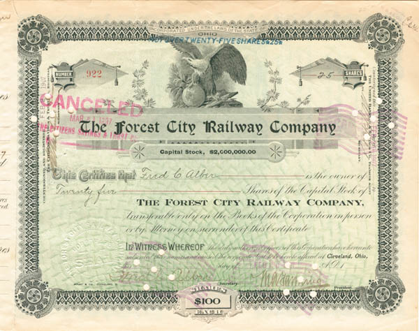 Forest City Railway Co. - Stock Certificate